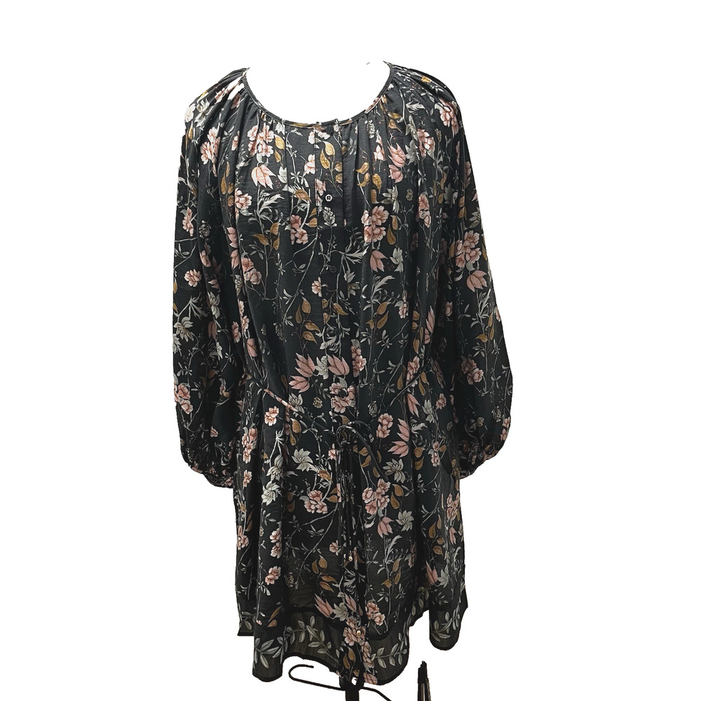 H&M Black Floral Tie Belt Dress Sz L Balloon Sleeve Oversized NWT Boho